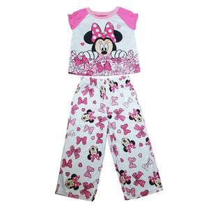 Disney Minnie Mouse Kids Pajama Set Short Sleeve Top and Pants Pink Bow Print 2T